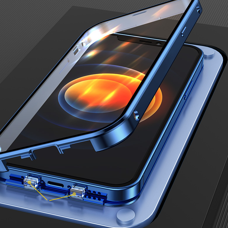 "Slitesterkt dobbeltsidig iPhone-deksel med metallfinish og eksplosjonssikkert glass for optimal beskyttelse og stil."