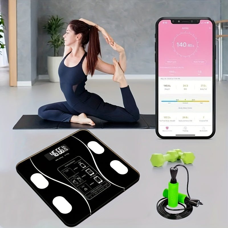 Slank digital vekt, perfekt for hjemmetrening. Måler kroppssammensetning og fremmer velvære.