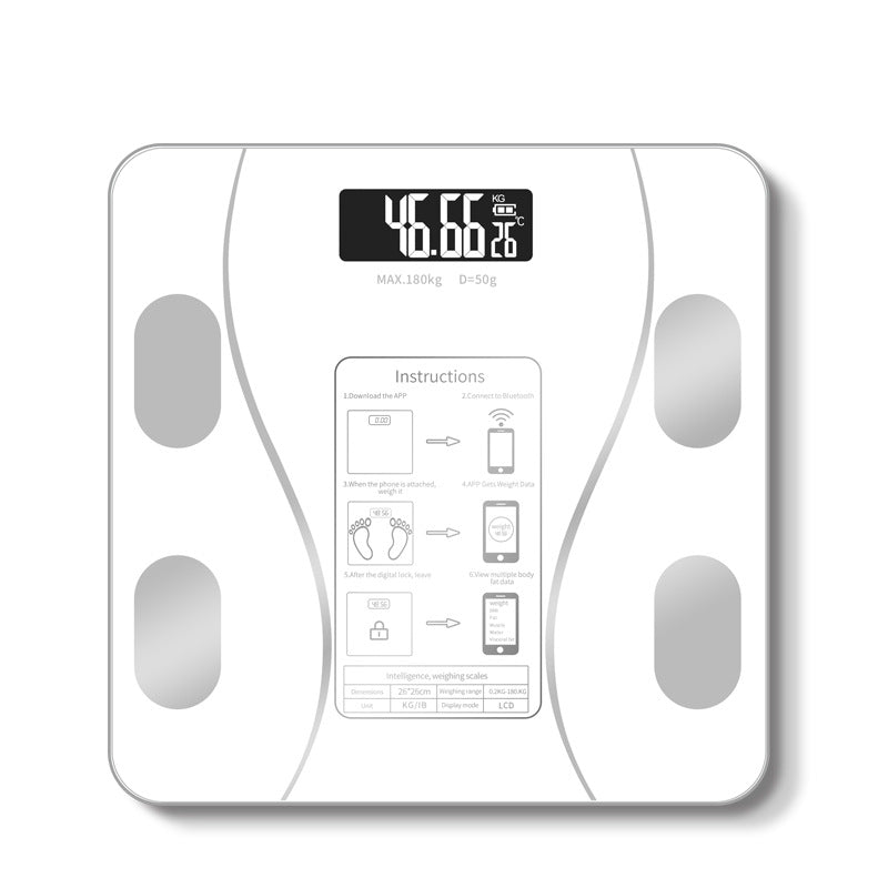 Svart smart digital vekt med Bluetooth, tilbyr app synkronisering og detaljert kroppsanalyse.