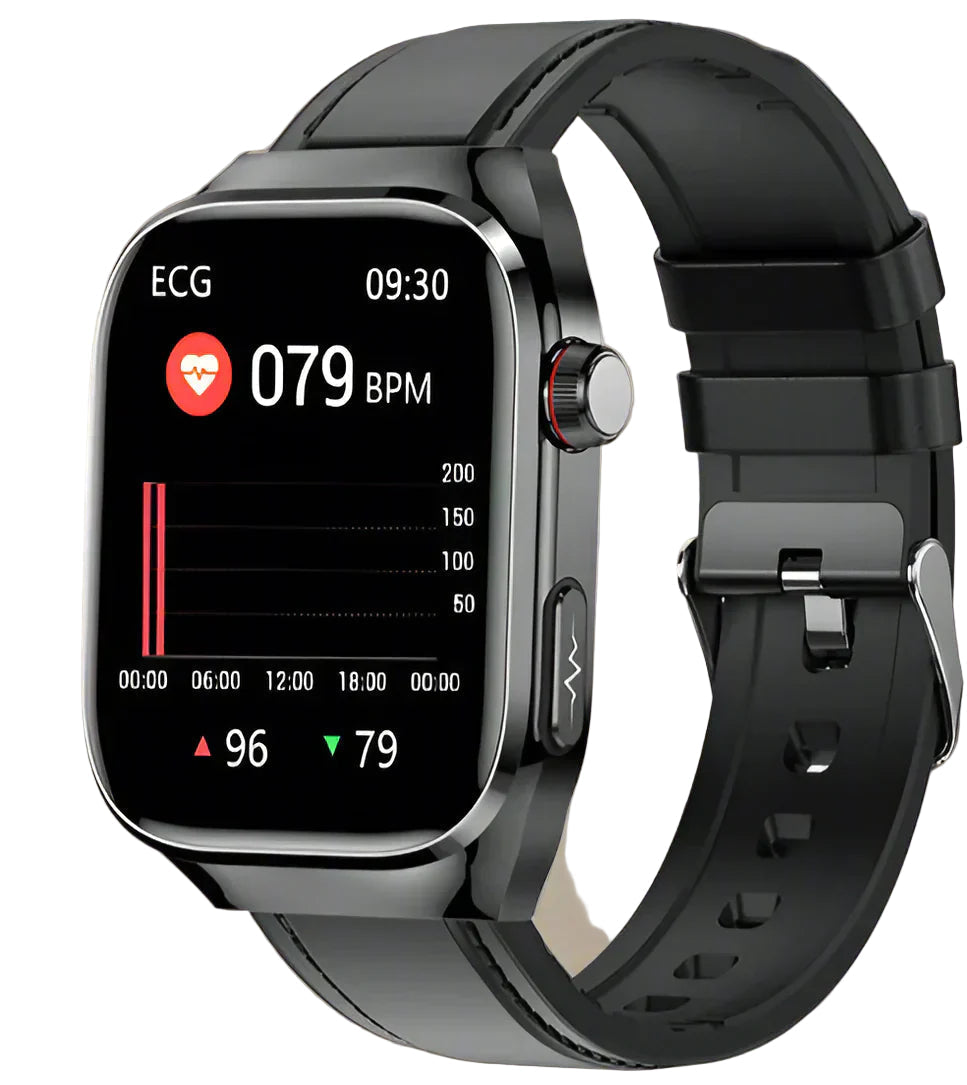 Smartklokke med AMOLED-skjerm, elegant sort design, viser hjertefrekvens for helseovervåking.