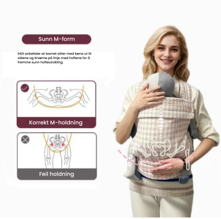 "Snug Sling bæresele for baby, ergonomisk design med polstrede stropper, pustende bomull, passer alle kroppsformer."