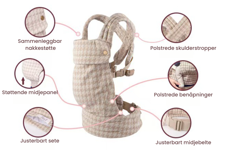 "Snug Sling bæresele for baby, ergonomisk design med polstrede stropper, pustende bomull, passer alle kroppsformer."