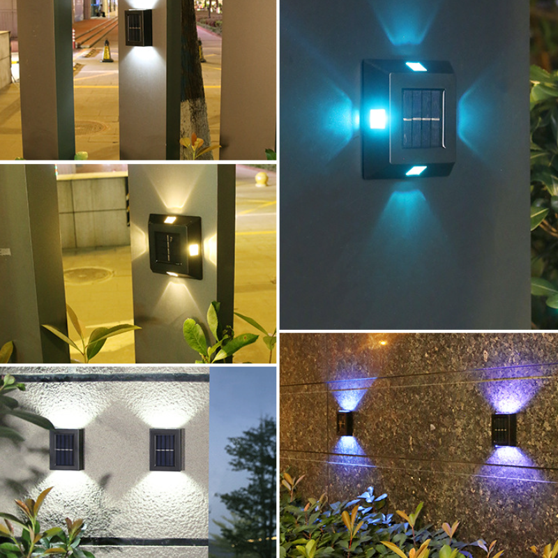 "Solcelle veggmontert lampe, IP65 vanntett, utendørs LED-lys i grått, gir elegant belysning for hage og gårdsplass."