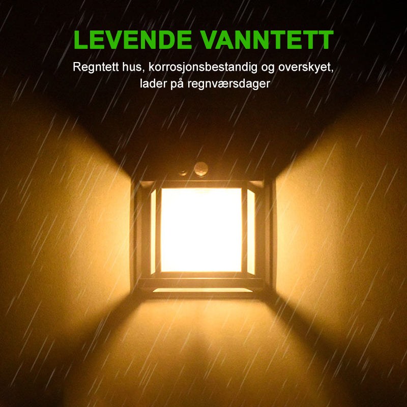 Solcelledrevet utendørs vegglampe med LED, robust metallkropp, smart sensor, IP65, ideell for terrasser og hager.