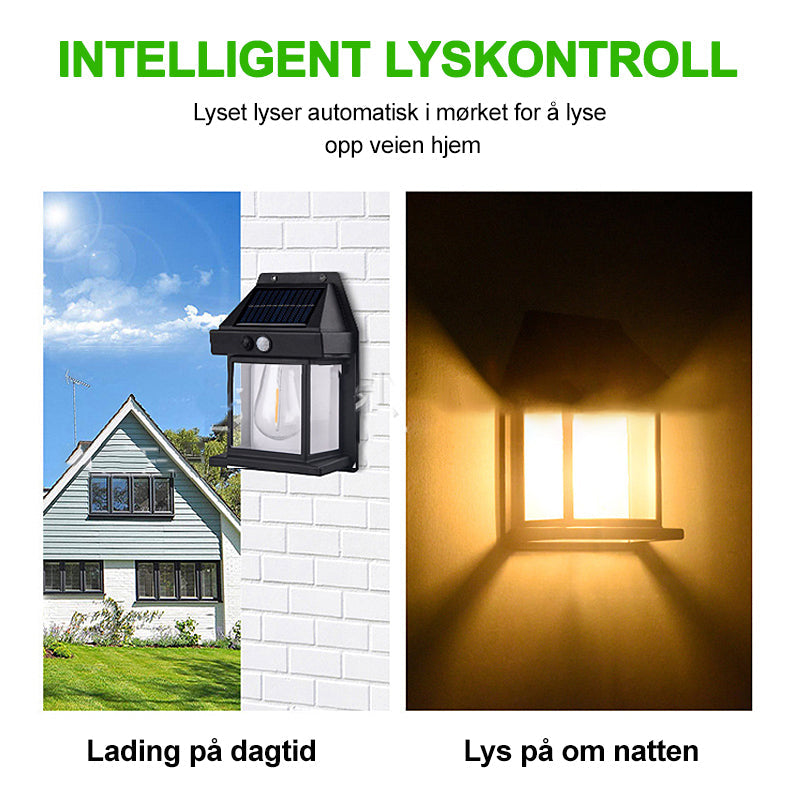 Solcelledrevet utendørs vegglampe med LED, robust metallkropp, smart sensor, IP65, ideell for terrasser og hager.