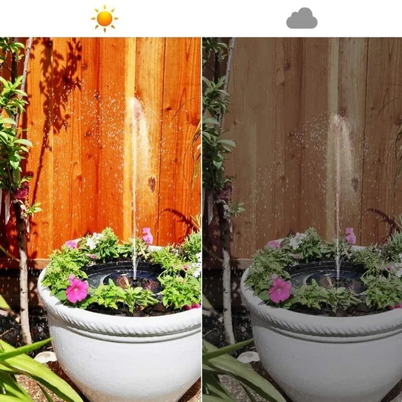 "Soldrevet fontenepumpe med LED-lys i hage, justerbare dyser for varierte vannmønstre, miljøvennlig og dekorativ."