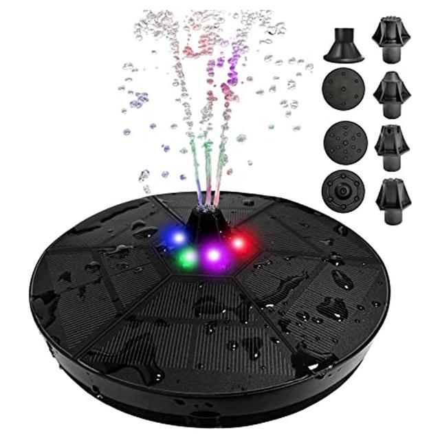 "Soldrevet fontenepumpe med LED-lys i hage, justerbare dyser for varierte vannmønstre, miljøvennlig og dekorativ."