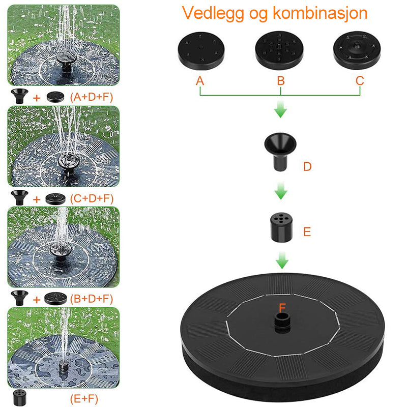 "Soldrevet fontenepumpe med LED-lys i hage, justerbare dyser for varierte vannmønstre, miljøvennlig og dekorativ."
