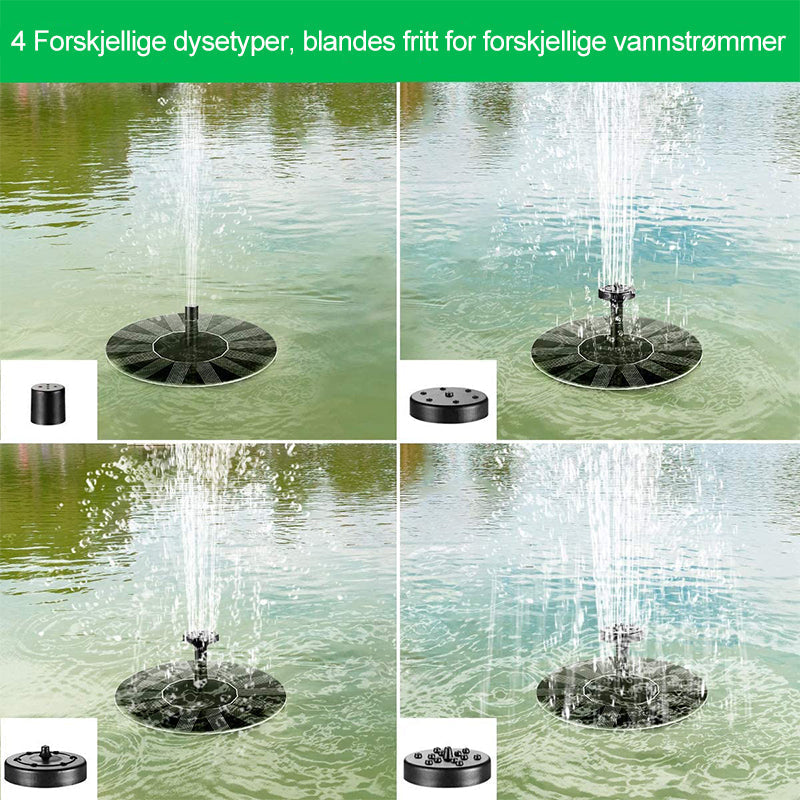"Soldrevet fontenepumpe med LED-lys i hage, justerbare dyser for varierte vannmønstre, miljøvennlig og dekorativ."