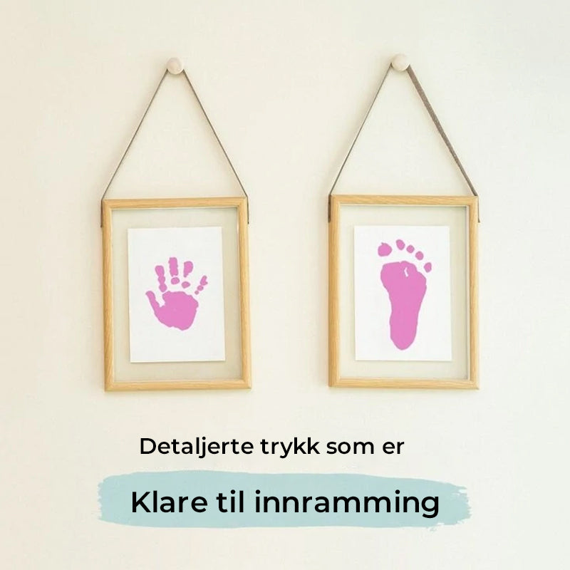 "Søle-fritt baby avtrykksett: Trygg, enkel minnebevaring av babyens hånd- og fotavtrykk i klare farger."