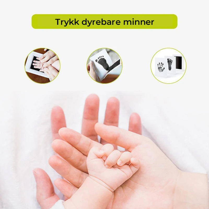"Søle-fritt baby avtrykksett: Trygg, enkel minnebevaring av babyens hånd- og fotavtrykk i klare farger."