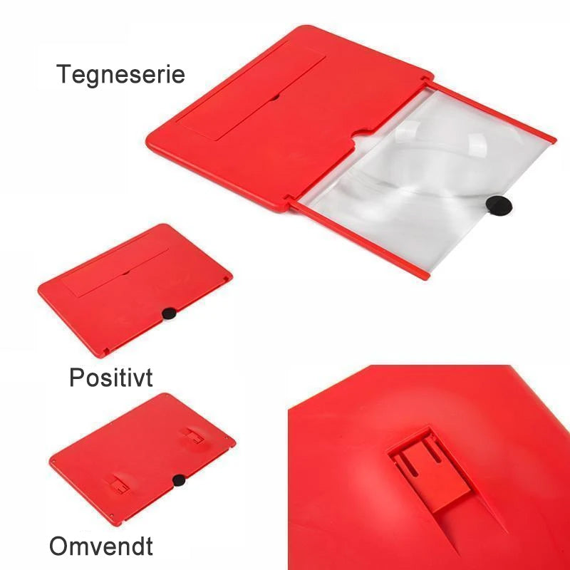 "Solid 3D telefonskjermforsterker i ABS-plast med Fresnel-linse for forstørret visning, tilgjengelig i flere farger."