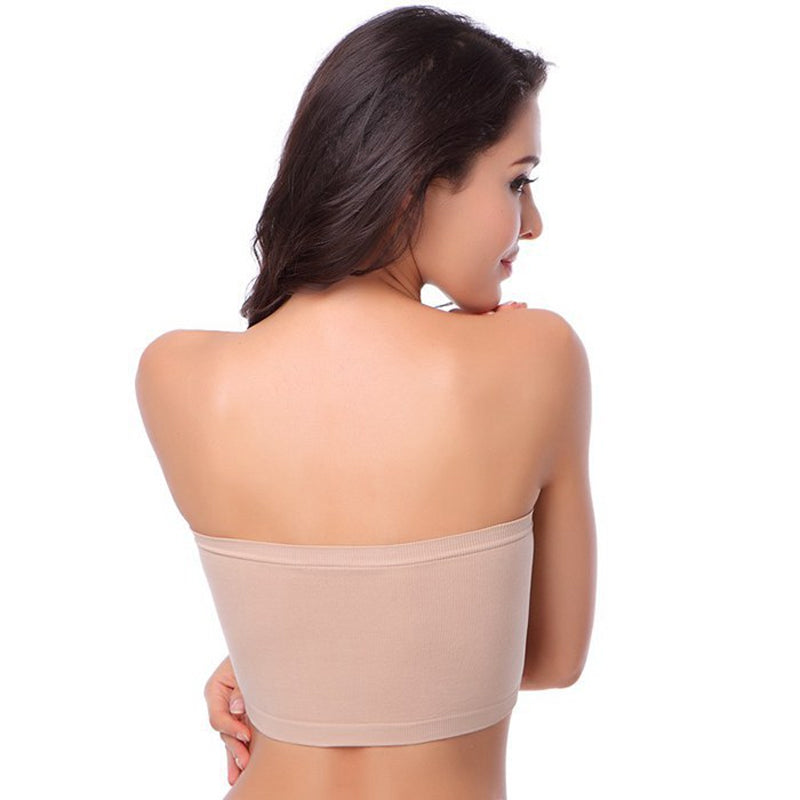 "Sømløs støttende bandeau-BH med elastisk materiale, pustende design, uten spiler i beige, svart, hvit, lysegrå."