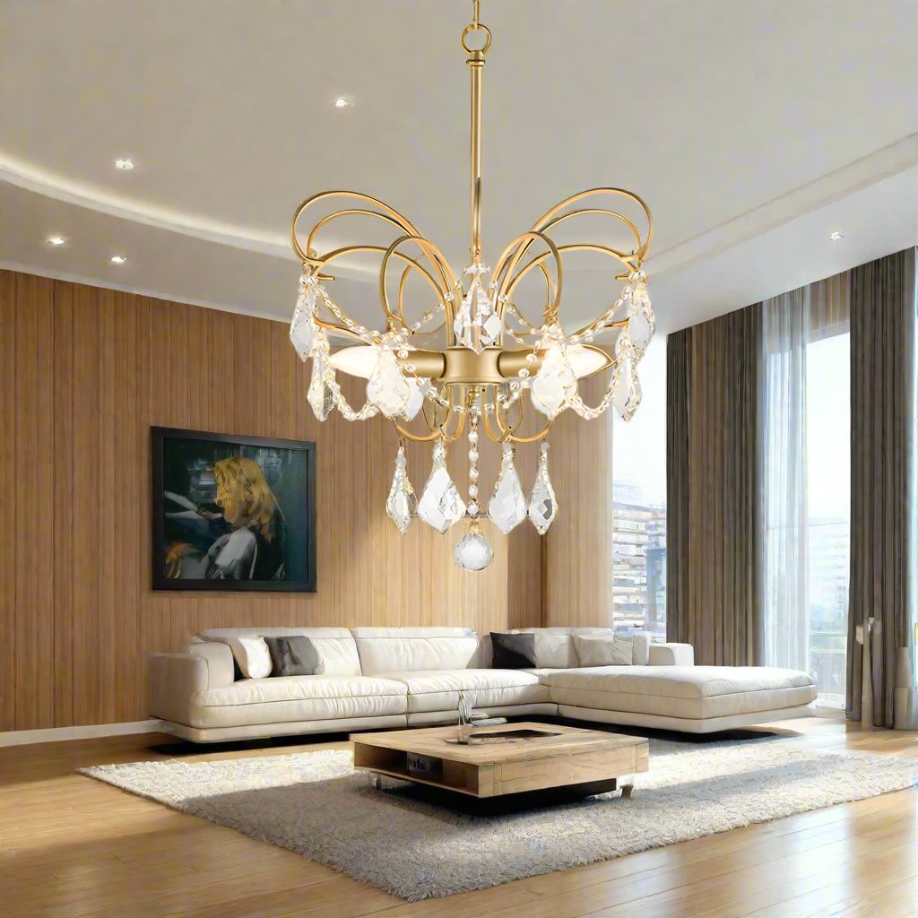 "Sommerfuglformet lysekrone i kunstnerisk messing, med unikt design og LED-lys, for moderne stuebelysning."