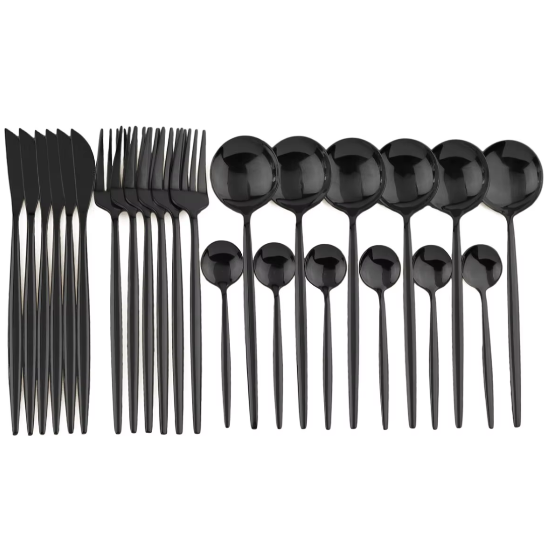Elegant sort bestikksett (24 deler) med matt finish, ideelt for en moderne og stilren borddekking.