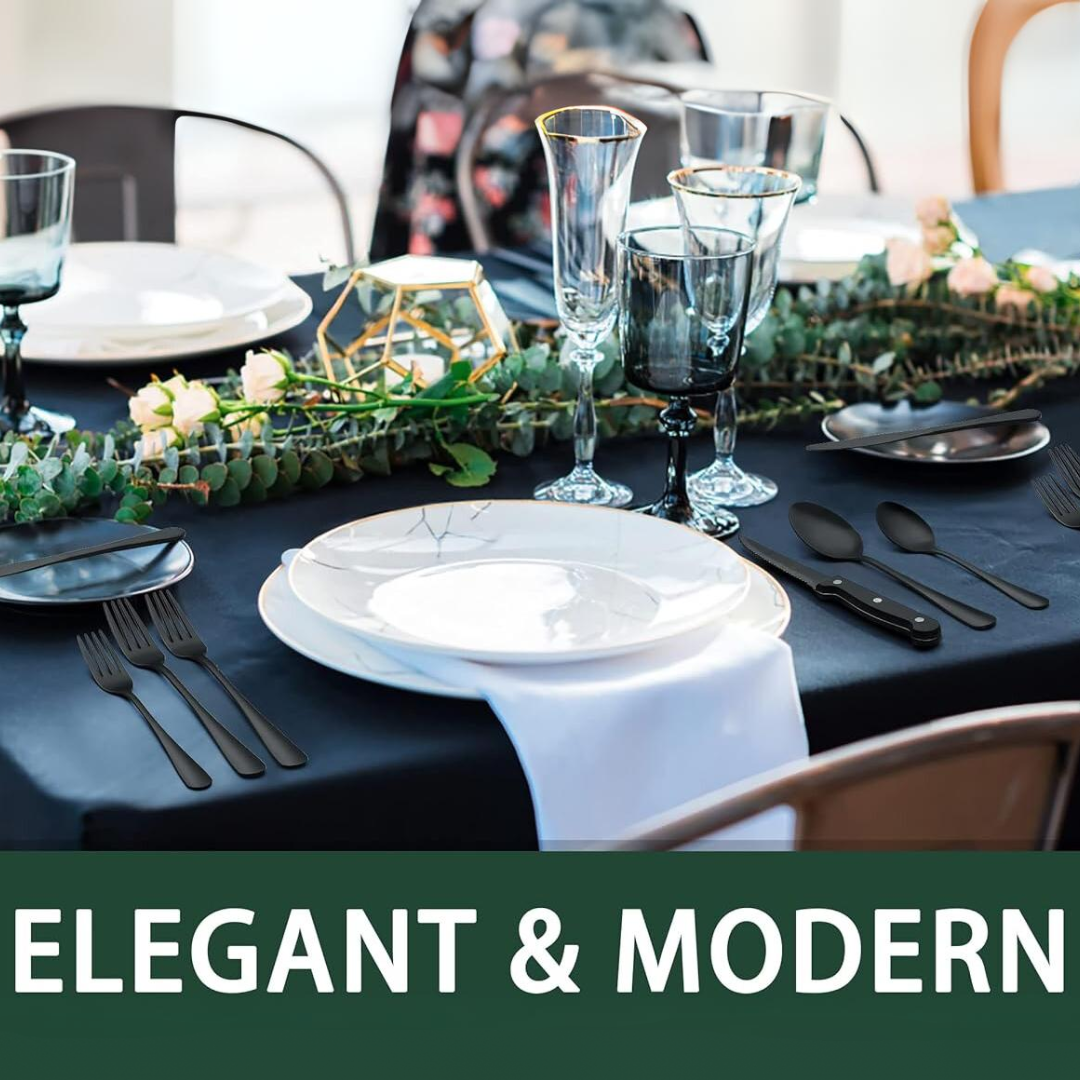 Moderne middagssett i sort, 24 deler for 4 personer. Passer til hverdagsbruk og festlige anledninger.