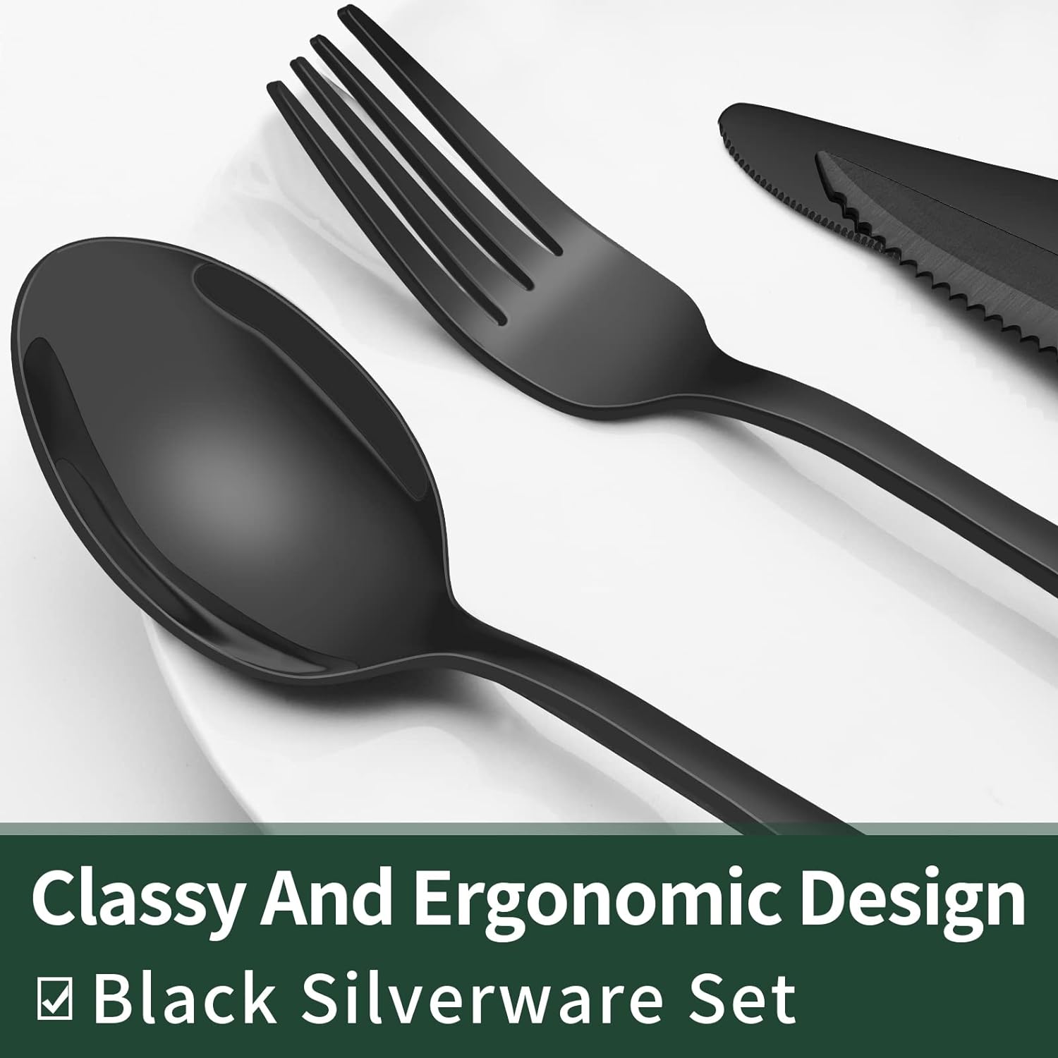 Elegant sort bestikksett (24 deler) med moderne, ergonomisk design for 4 personer.