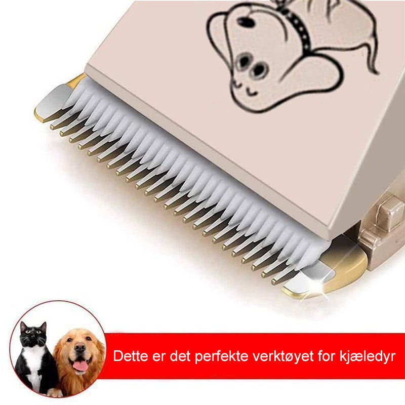 "Sort, oppladbar hunde- og katteklipper med lav lyd og justerbare blader for presisjonsklipp, ideell for kjæledyrpleie."
