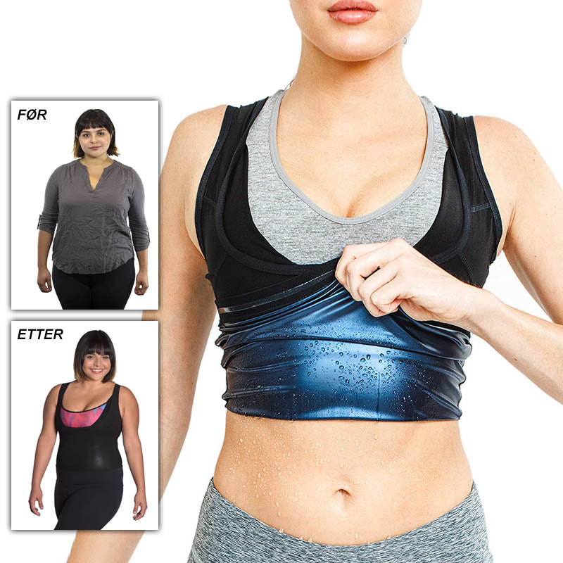 "Sort svettevest for kvinner, slankende effekt, spandex-polyuretan stoff, formtilpasset design for maksimal svetteeffekt."