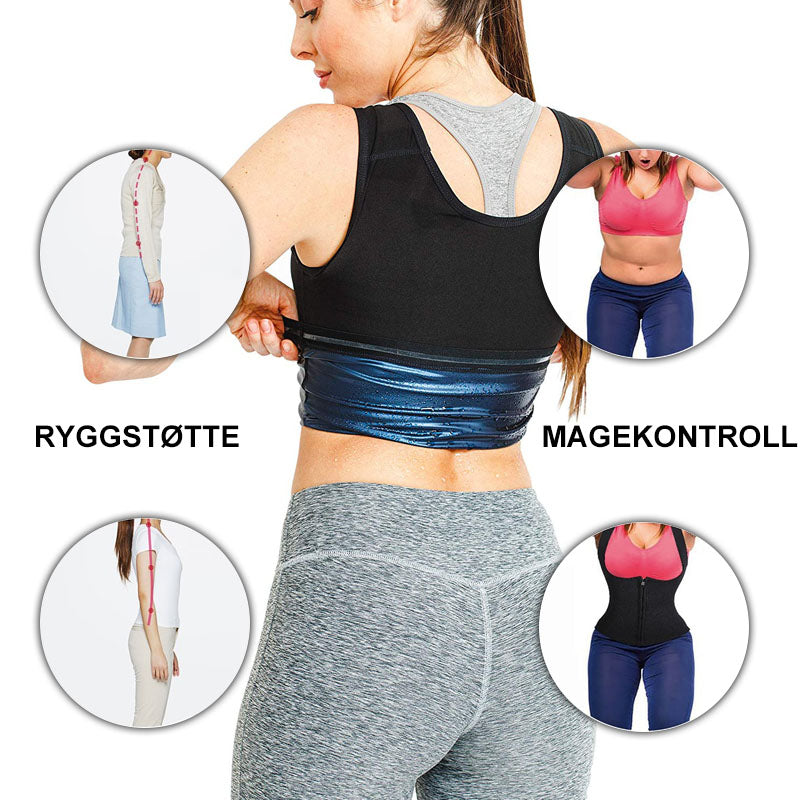 "Sort svettevest for kvinner, slankende effekt, spandex-polyuretan stoff, formtilpasset design for maksimal svetteeffekt."