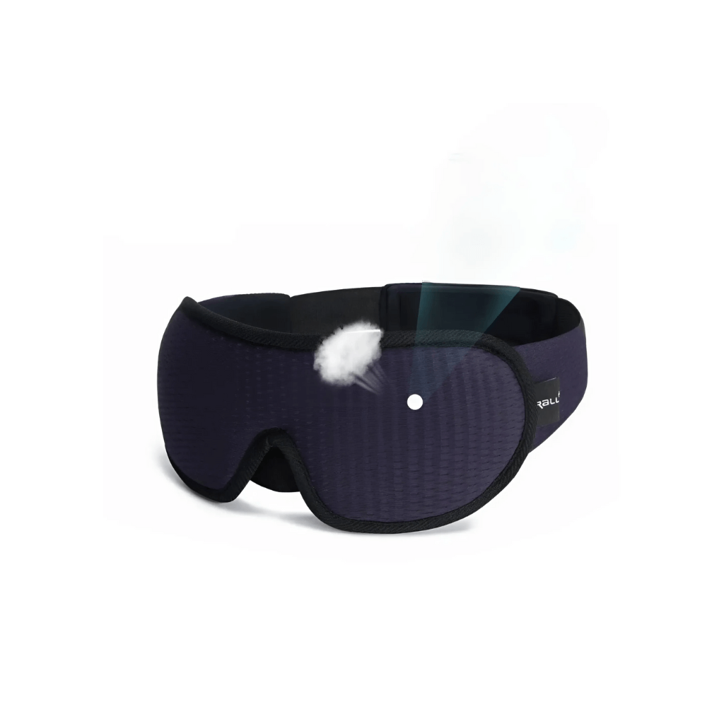 Sort trykkfri søvnmaske med ergonomisk design, som blokkerer 100 % lys for bedre søvnkomfort.
