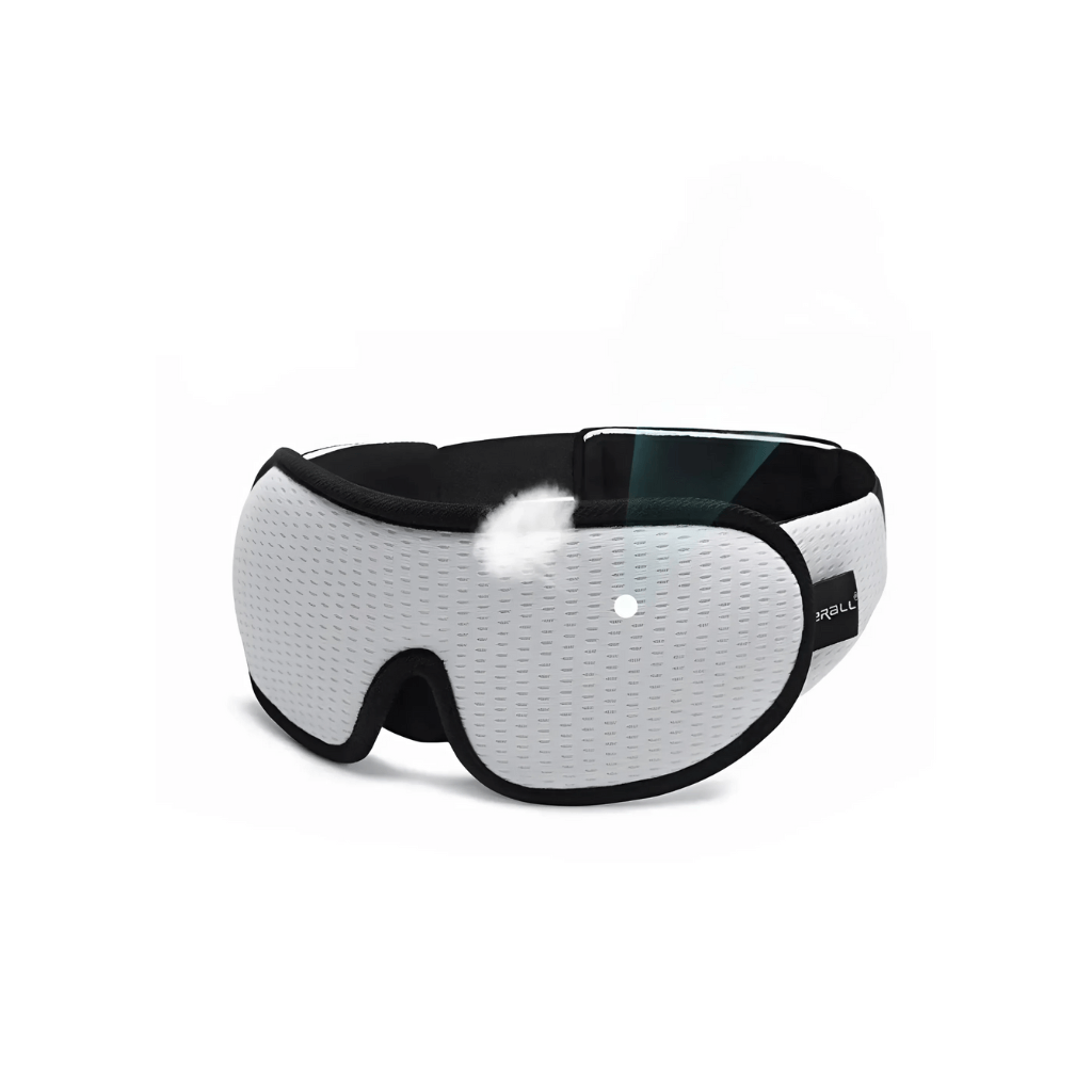Sort trykkfri søvnmaske med ergonomisk design, som blokkerer 100 % lys for bedre søvnkomfort.