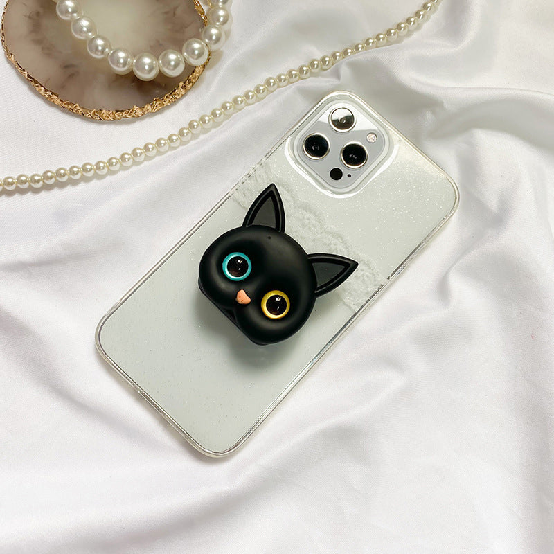 "Søt 3D Cat-telefonholder med minispeil i gull og blå øyne; hvit telefonholder med dekorativ kattedesign."