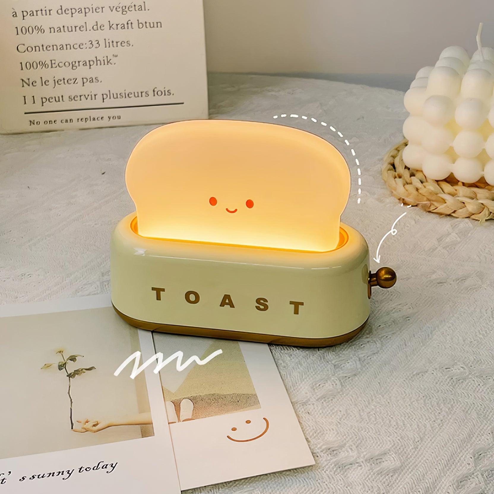 "Søt bordlampe i brødristerform, trådløs, oppladbar, i metalliakryl, justerbar lysstyrke, grønn, mandelgul, rosa."