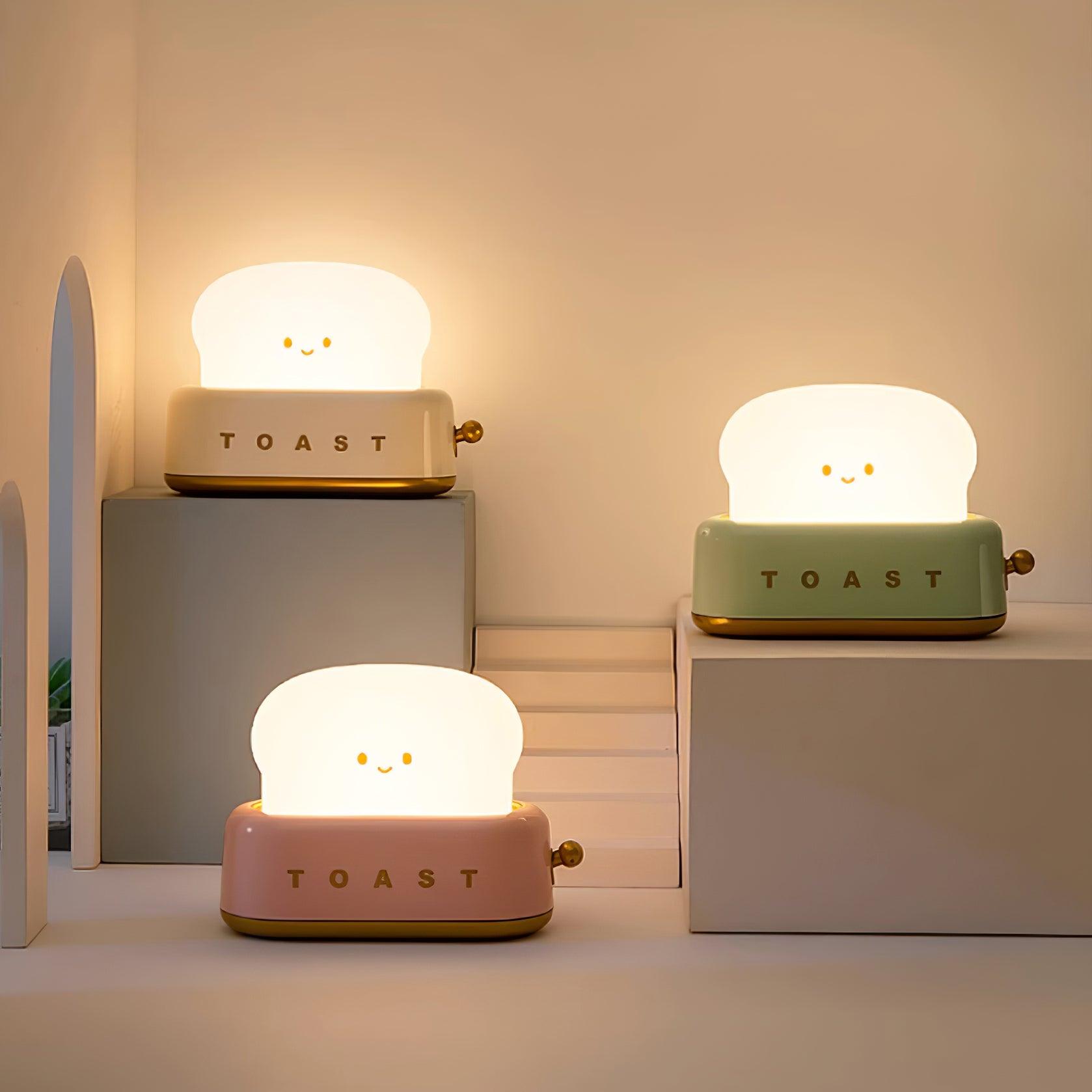 "Søt bordlampe i brødristerform, trådløs, oppladbar, i metalliakryl, justerbar lysstyrke, grønn, mandelgul, rosa."