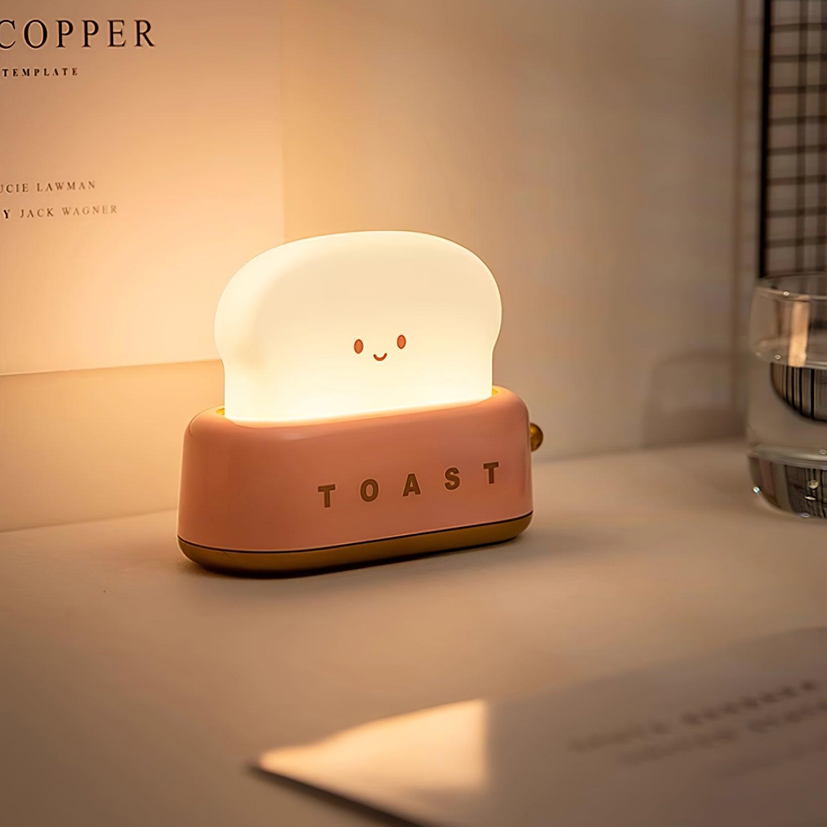 "Søt bordlampe i brødristerform, trådløs, oppladbar, i metalliakryl, justerbar lysstyrke, grønn, mandelgul, rosa."