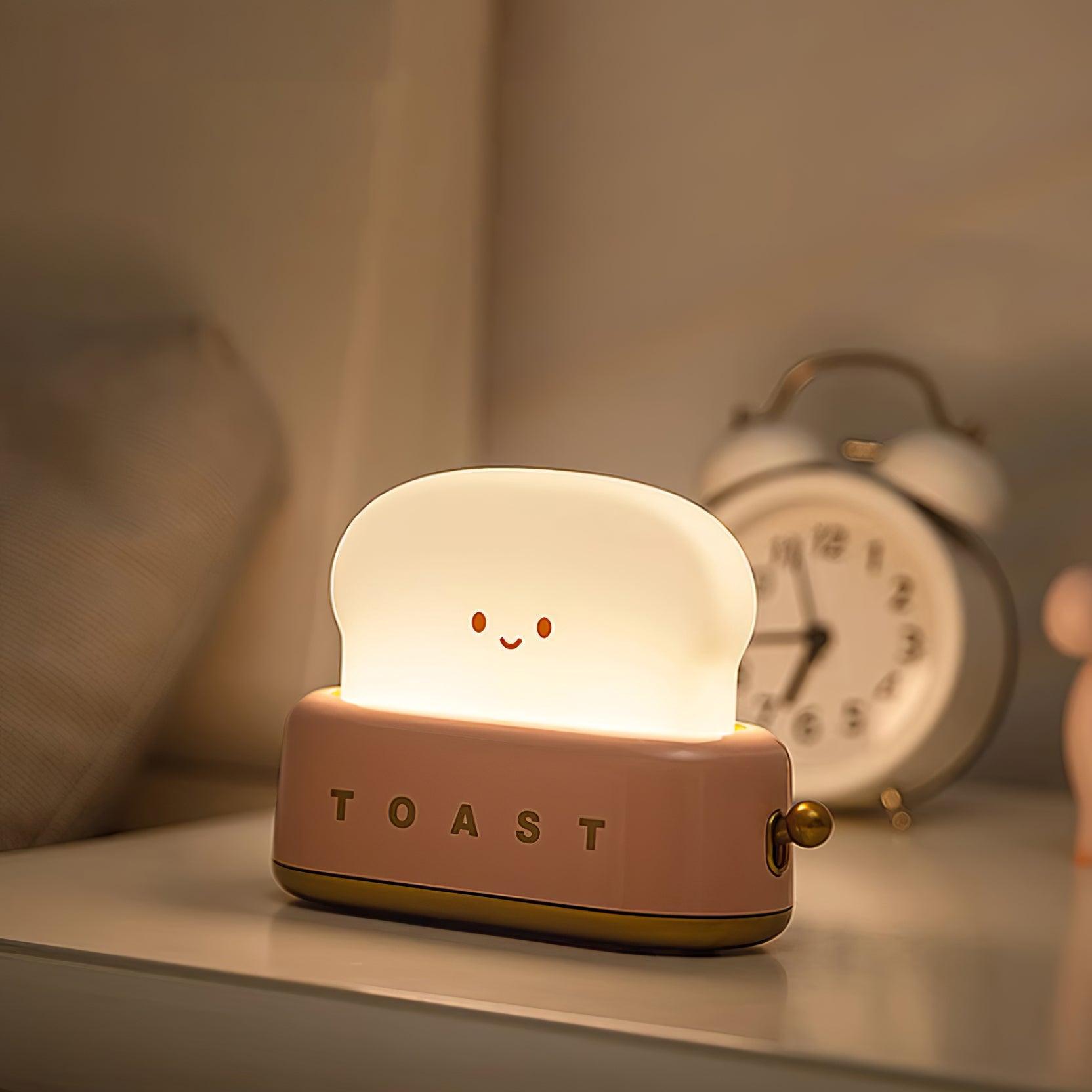"Søt bordlampe i brødristerform, trådløs, oppladbar, i metalliakryl, justerbar lysstyrke, grønn, mandelgul, rosa."