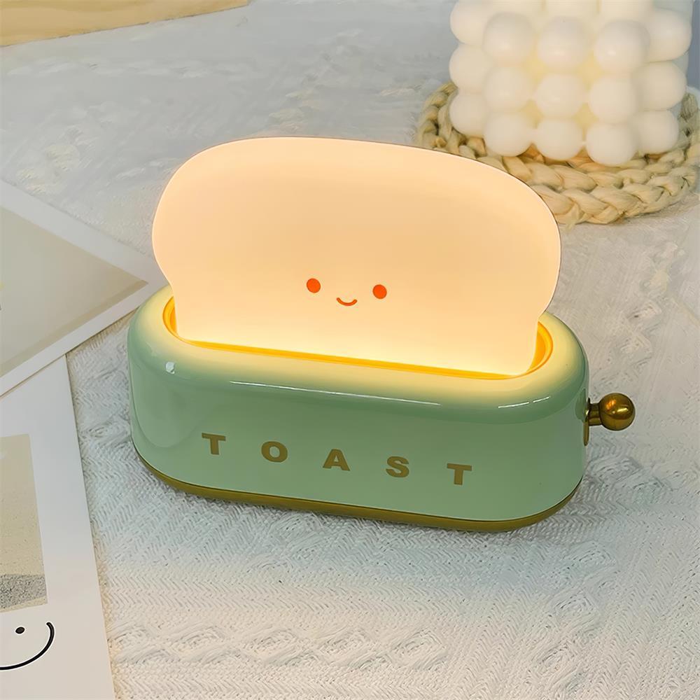"Søt bordlampe i brødristerform, trådløs, oppladbar, i metalliakryl, justerbar lysstyrke, grønn, mandelgul, rosa."