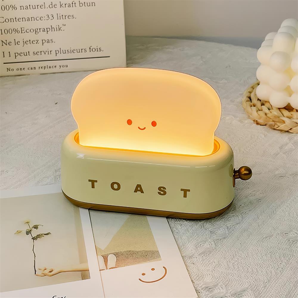 "Søt bordlampe i brødristerform, trådløs, oppladbar, i metalliakryl, justerbar lysstyrke, grønn, mandelgul, rosa."