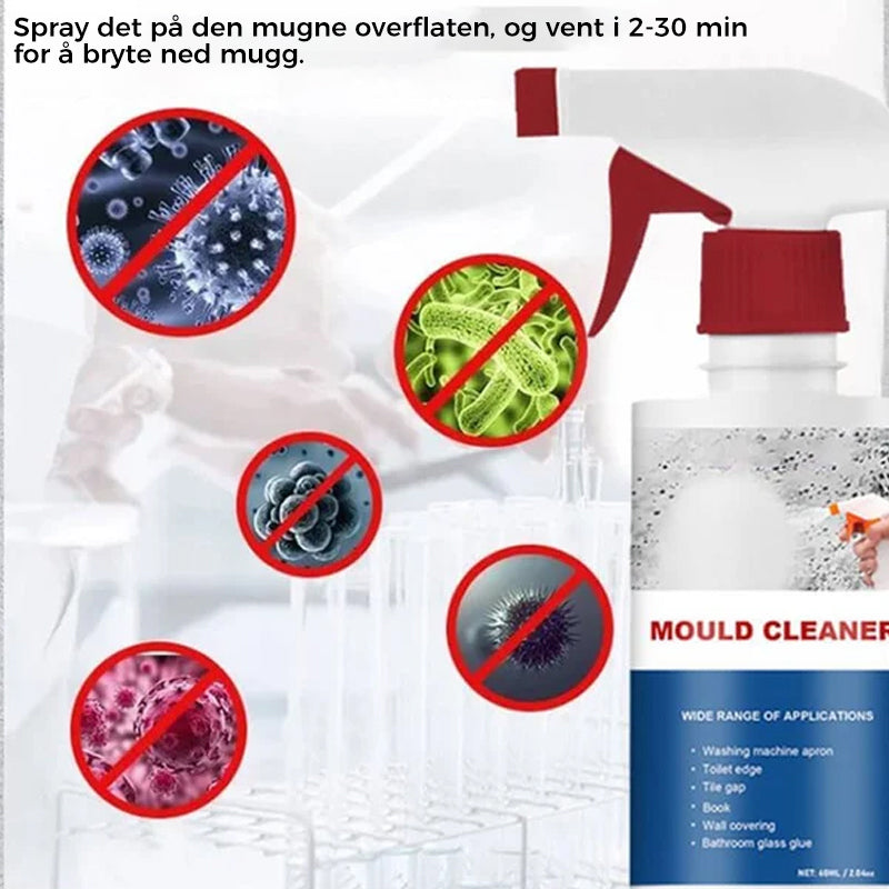 Sprayflaske mot muggflekker på fliser, bad og kjøkken. Hurtigvirkende skum i transparent flaske med blå etikett.