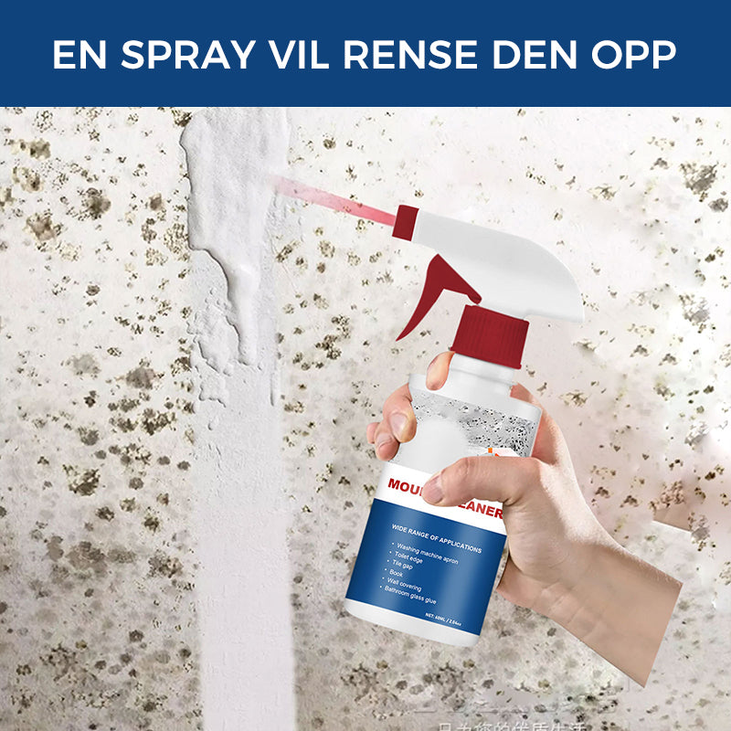 Sprayflaske mot muggflekker på fliser, bad og kjøkken. Hurtigvirkende skum i transparent flaske med blå etikett.