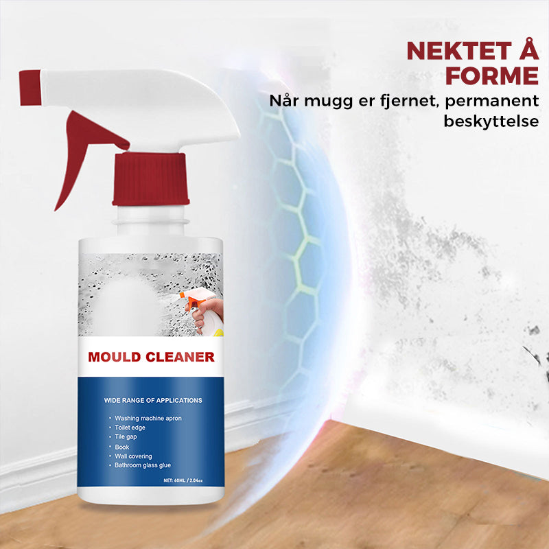Sprayflaske mot muggflekker på fliser, bad og kjøkken. Hurtigvirkende skum i transparent flaske med blå etikett.