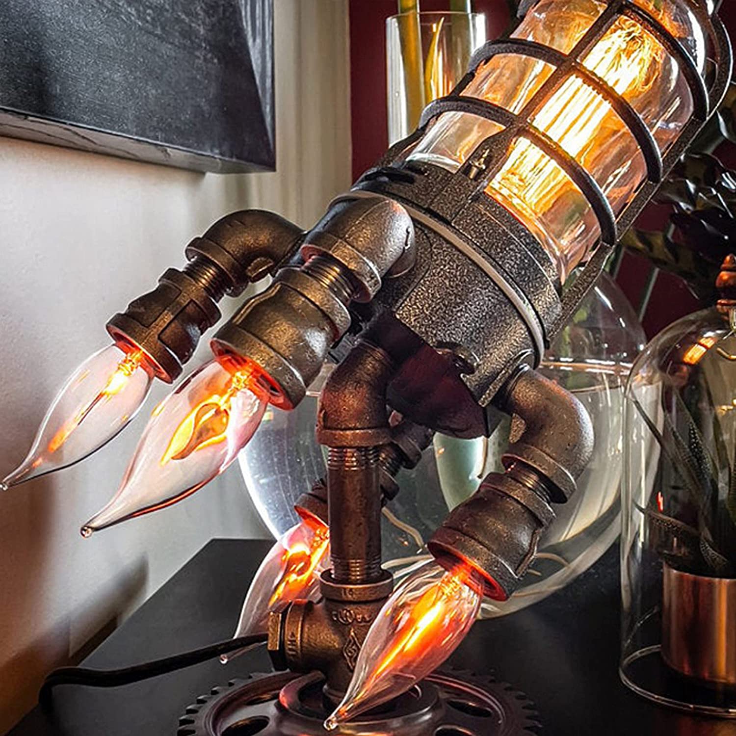 Detaljert Steampunk rakett bordlampe for barn, med retro industriell design. En spesiell nattlampe.