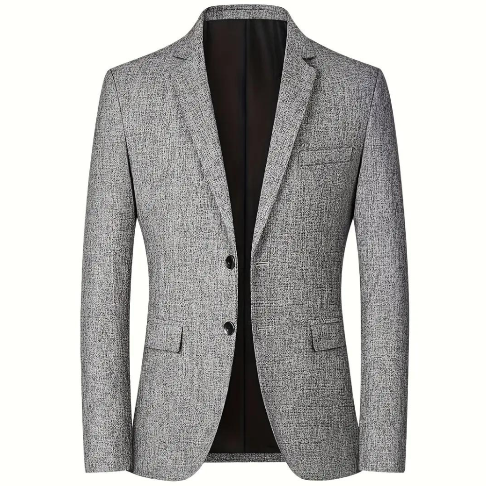 "Stilfull grå sommerblazer for menn med klassisk revers og to knapper, perfekt for både kontor og festligheter."