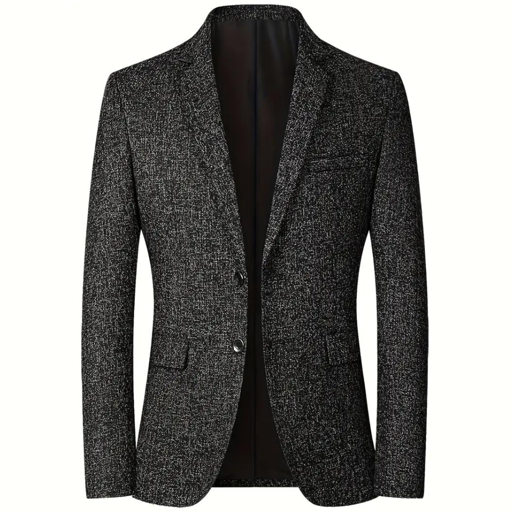 "Stilfull grå sommerblazer for menn med klassisk revers og to knapper, perfekt for både kontor og festligheter."
