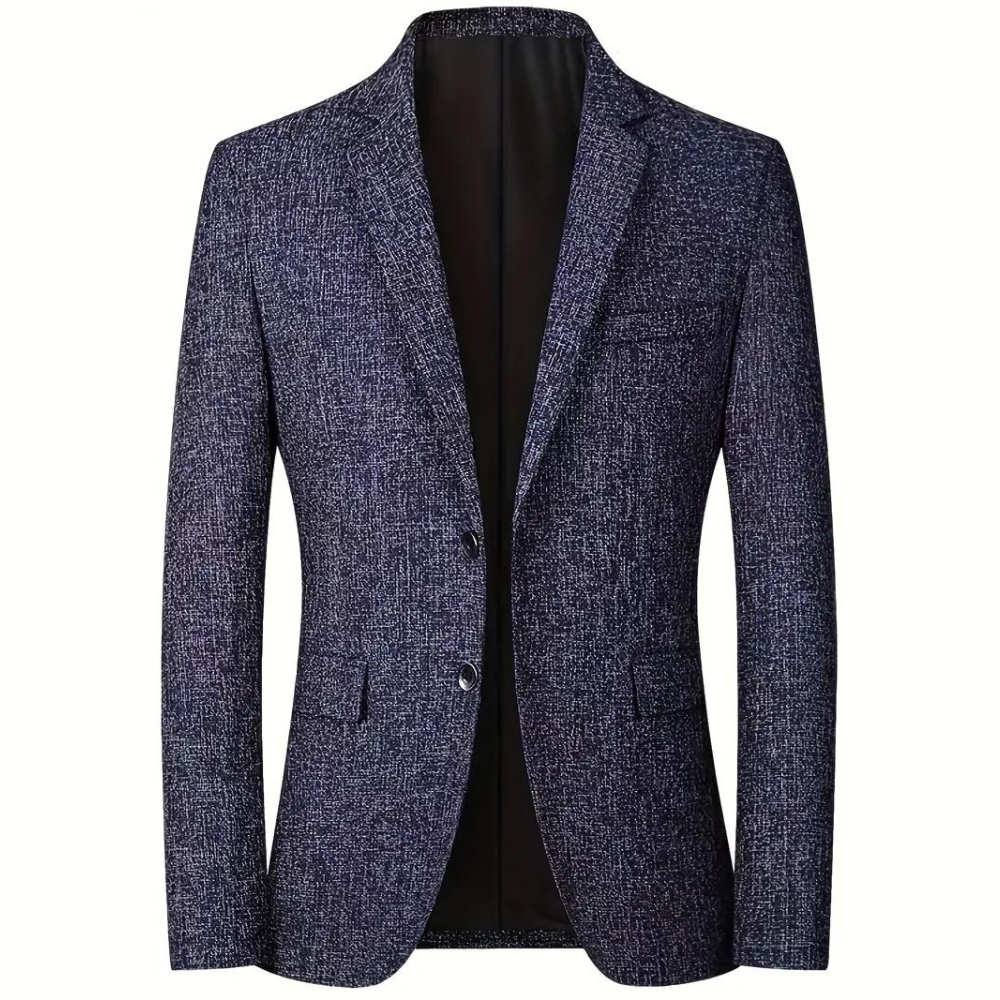 "Stilfull grå sommerblazer for menn med klassisk revers og to knapper, perfekt for både kontor og festligheter."