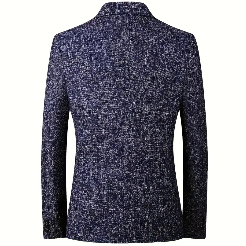 "Stilfull grå sommerblazer for menn med klassisk revers og to knapper, perfekt for både kontor og festligheter."