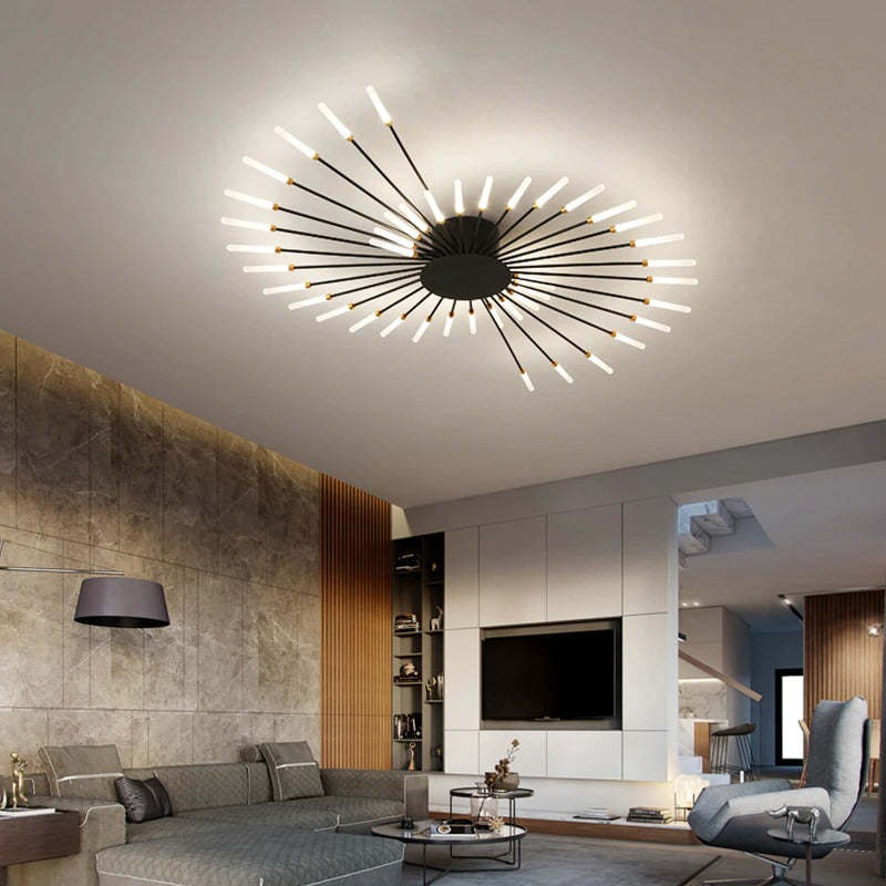"Stilfull metallisk taklampe med LED-lys og fyrverkerimønster, tilgjengelig i gull og svart, for moderne hjem."