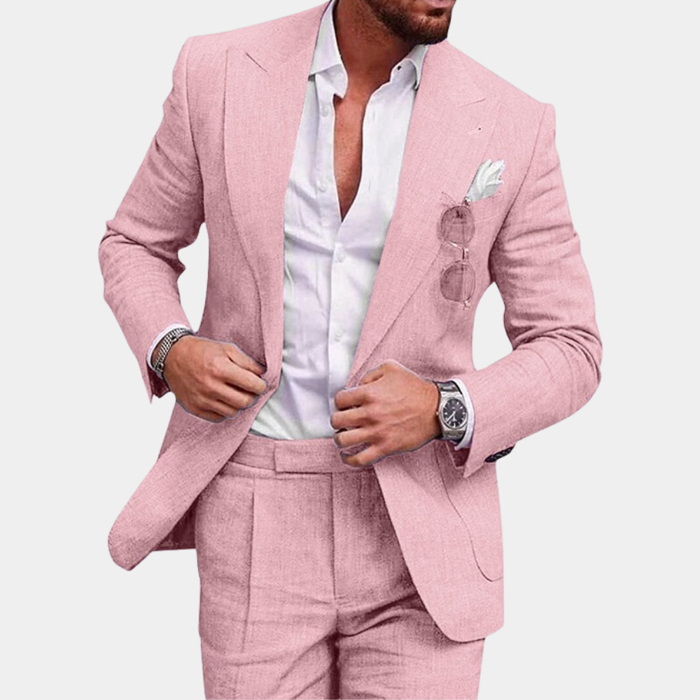 "Stilig 2-delt herresett med elegant blazer og matchende pantalon, perfekt for både formelle og uformelle anledninger."
