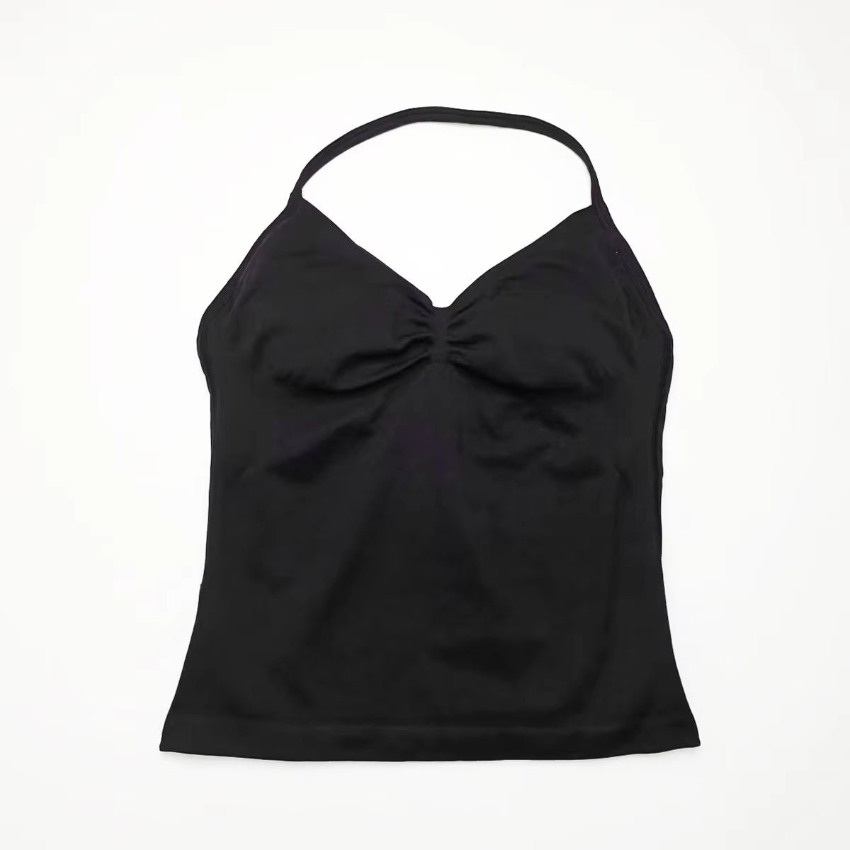 "Stilig Gymfit Strappy Top i brun, halterneck design, høyelastisk nylon, perfekt for trening med komfort og stil."