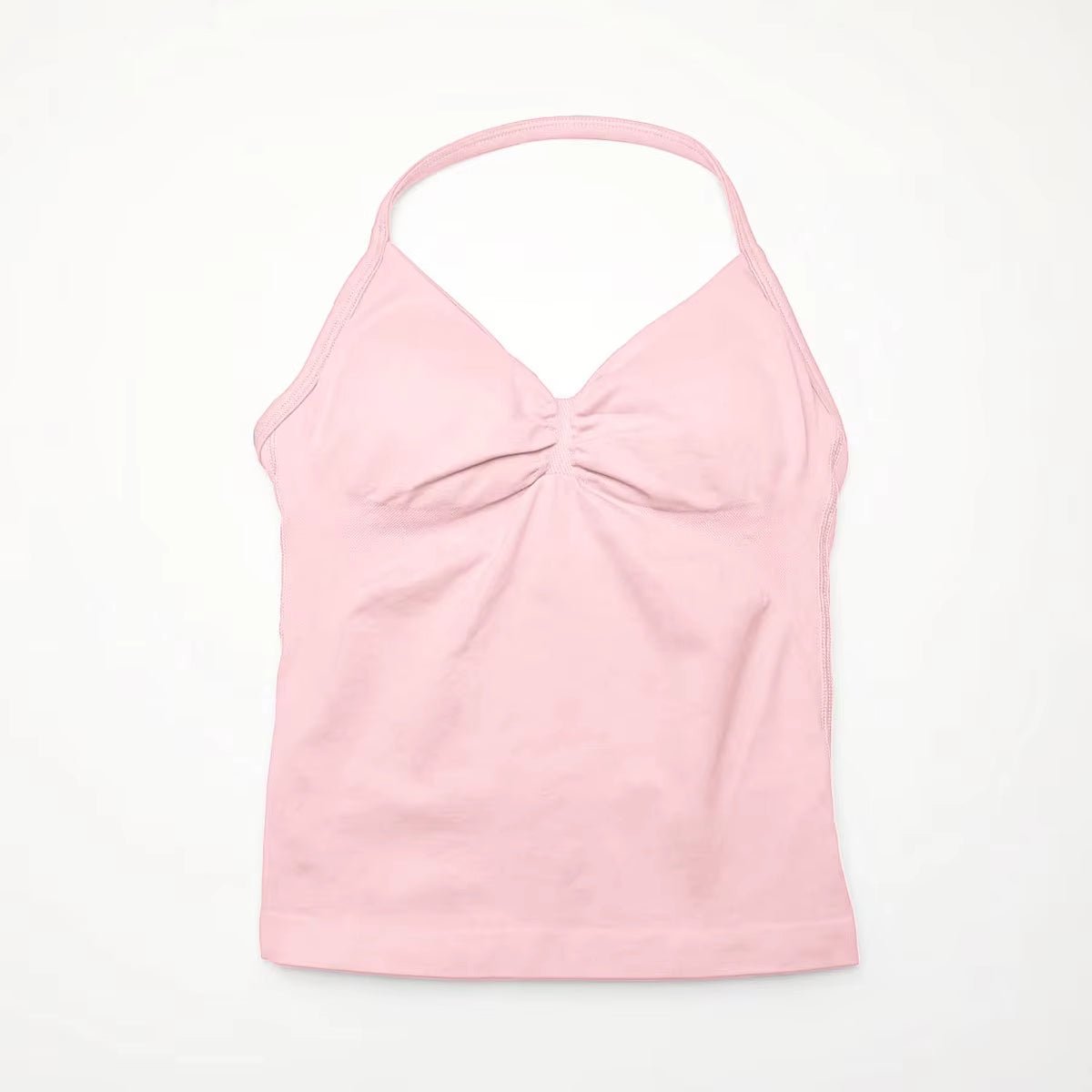 "Stilig Gymfit Strappy Top i brun, halterneck design, høyelastisk nylon, perfekt for trening med komfort og stil."