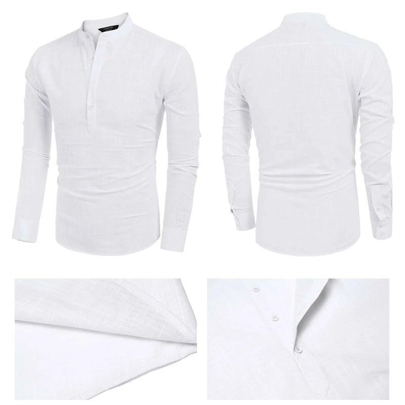 "Stilig herreskjorte i bomull og lin, slim fit design, henley-hals med knapper, lett og pustende for maksimal komfort."