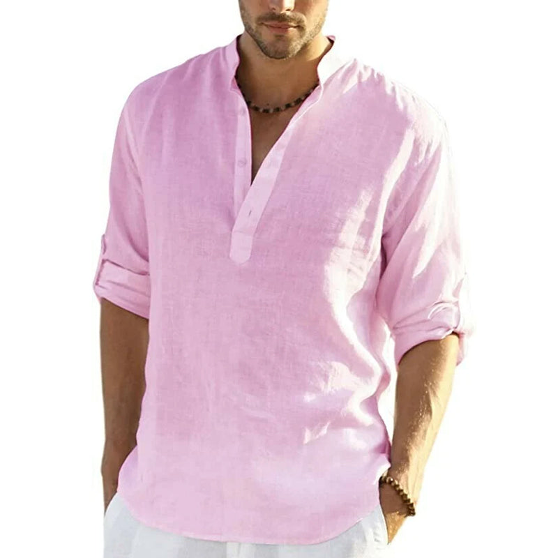 "Stilig herreskjorte i bomull og lin, slim fit design, henley-hals med knapper, lett og pustende for maksimal komfort."