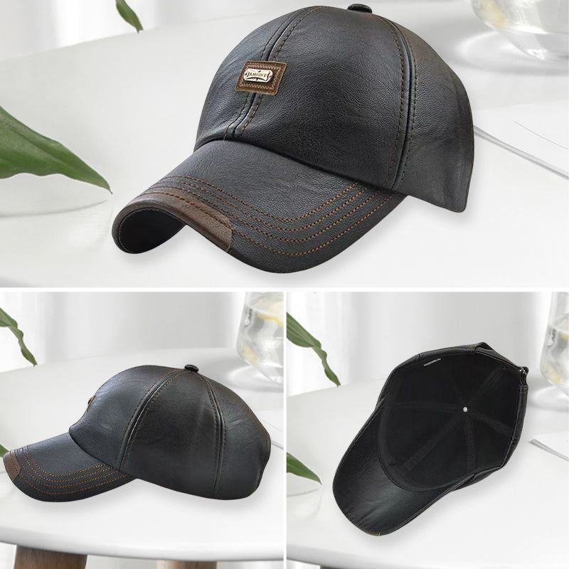 "Stilig, justerbar unisex PU-skinncaps i mørk brun - perfekt for både menn og kvinner, ideell for vinteraktiviteter."
