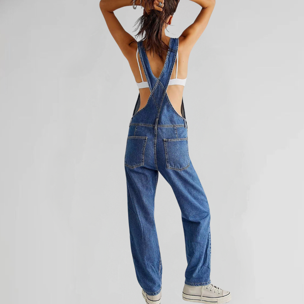 Stilig, komfortabel denim kjeledress for kvinner, side og bak, perfekt for ulike anledninger og moderne stilbevissthet.