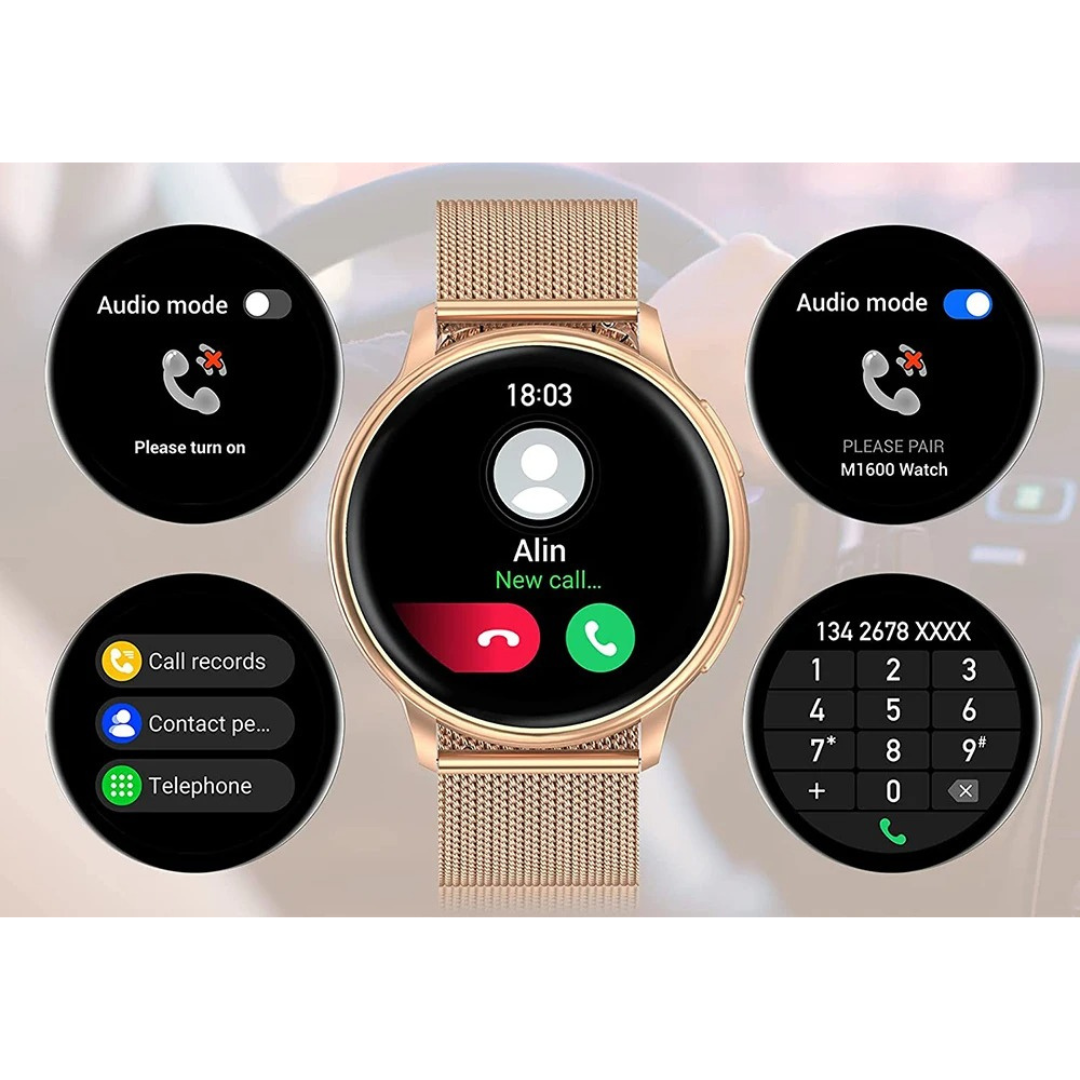 "Stilig smartklokke for kvinner, rosegull farge, Bluetooth, pulsmåling, tilpassbar urskive, moderne design."